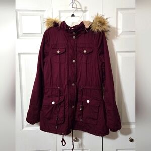 Royalty Burgundy Jacket, Removable Hood w/Faux Fur Trim, Small